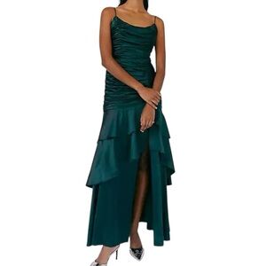 NWOT HUTCH Green Tisha Sleeveless Ruched Tiered Ruffle Slit Dress Gown Size 2